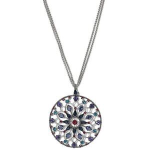 Silver-Tone Multi-Colored Floral Mandala Pendant Necklace